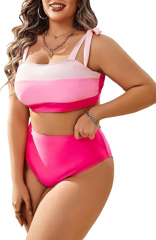 Cozyease Women's 2 Piece Plus Size Bikini Set Colorblock Tie Shoulder High Waist Bikini Swimsuit | Amazon (US)