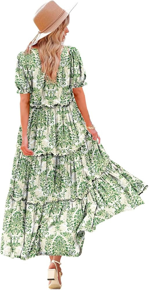 YESNO Summer Casual Bohemian Floral Dresses for Women Puff Short Sleeve Long Maxi Dress with Pock... | Amazon (US)