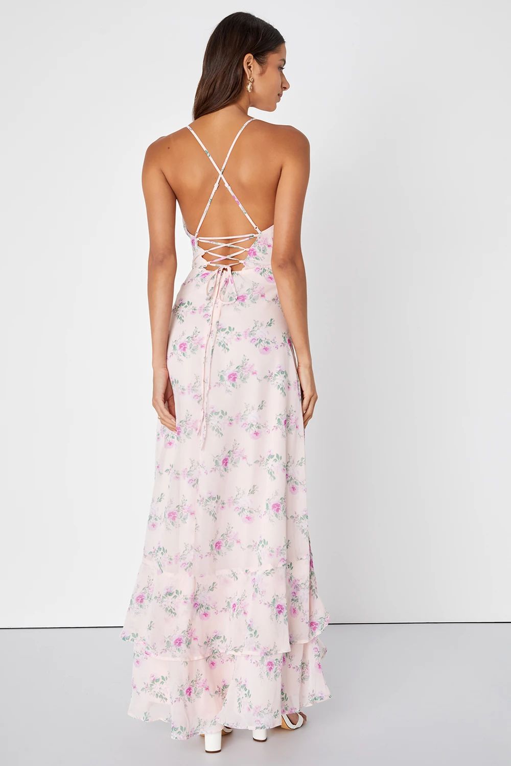In Love Forever Blush Floral Lace-Up High-Low Maxi Dress | Lulus (US)