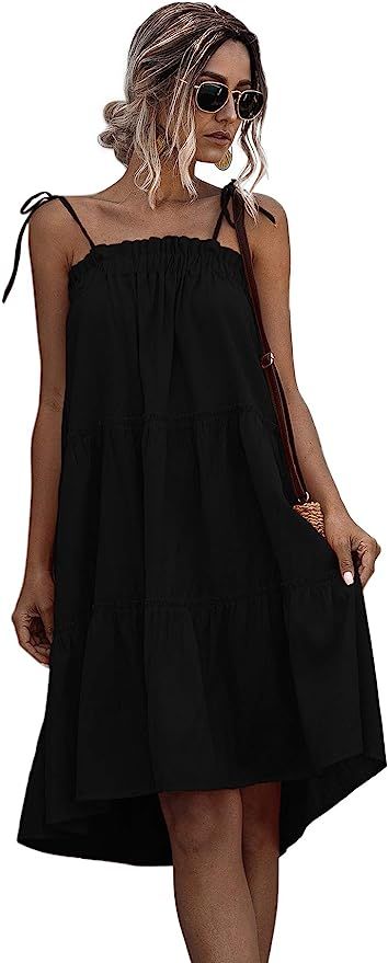 Romwe Women's Sleeveless Spaghetti Strap Tiered Layer Frill Knot Loose Summer Cami Dress | Amazon (US)