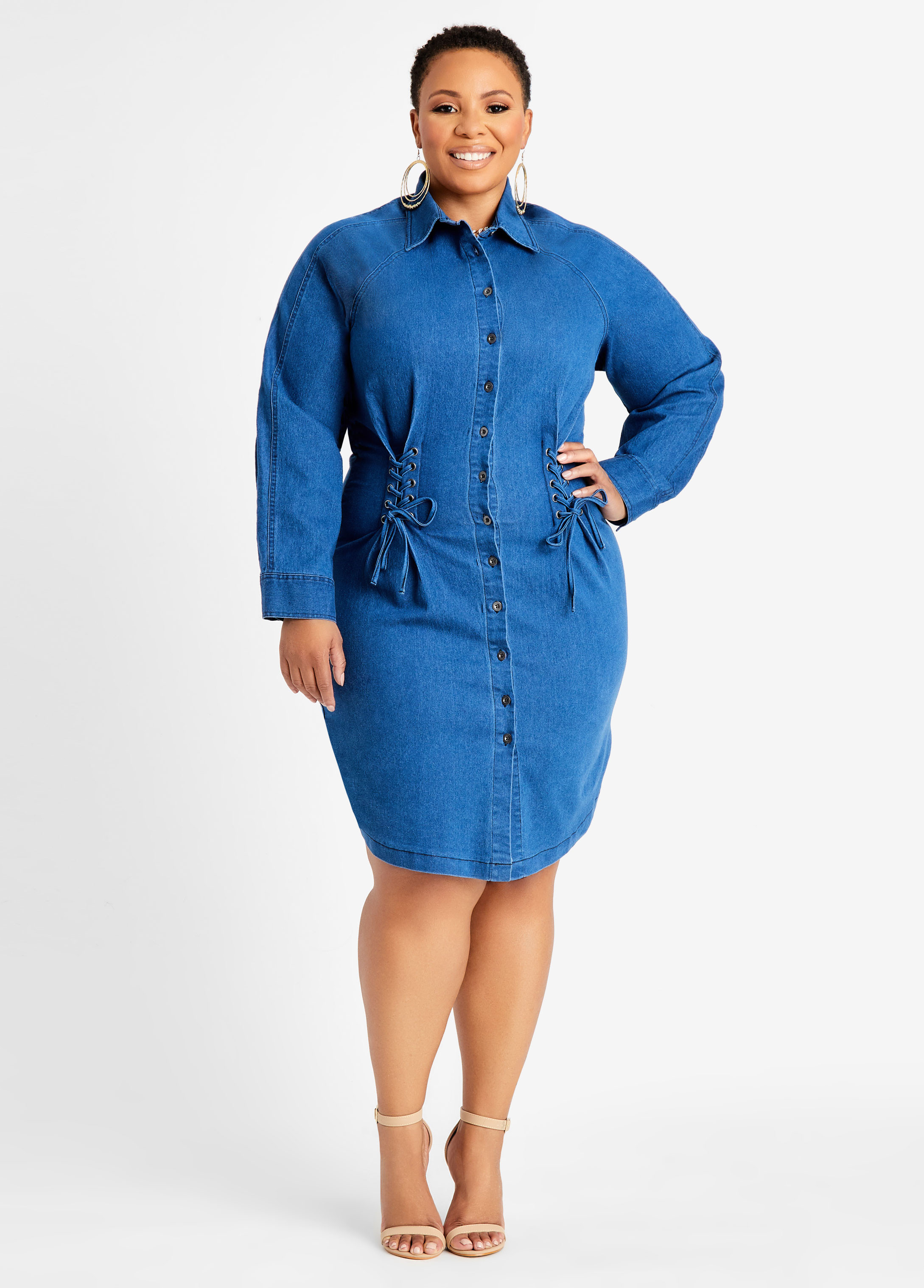 Plus Size Lace Up Waist Denim Dress, BLUE, 32 - Ashley Stewart | Ashley Stewart