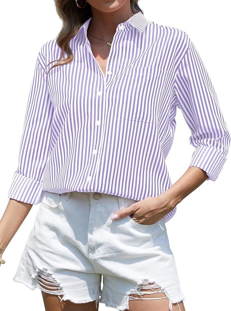 CUNLIN Grade 4 Wrinkle-Resistant Women's Button Down Shirts Striped Long Sleeve Collared Blouses ... | Amazon (US)