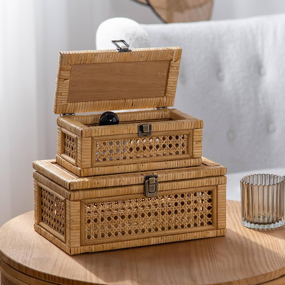 Rattan Decorative Box, Boho Display Boxes with Lids, Set of 2 Rectangular Wicker Storage Basket, ... | Amazon (US)
