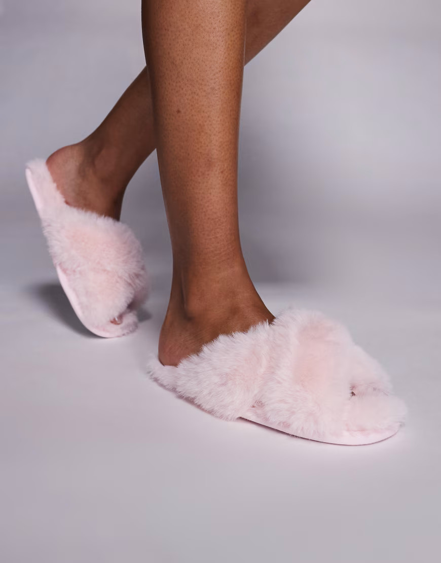 Boux Avenue cross band fluffy slipper in powder pink | ASOS (Global)