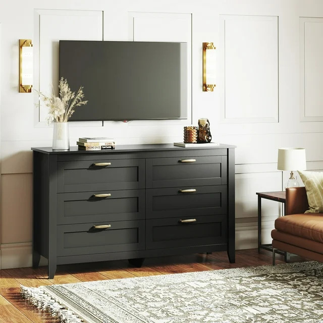WLIVE 6 Drawers Black Double Dresser, Wooden Storage Chest of 6 Drawers, Wide Black Dresser for B... | Walmart (US)