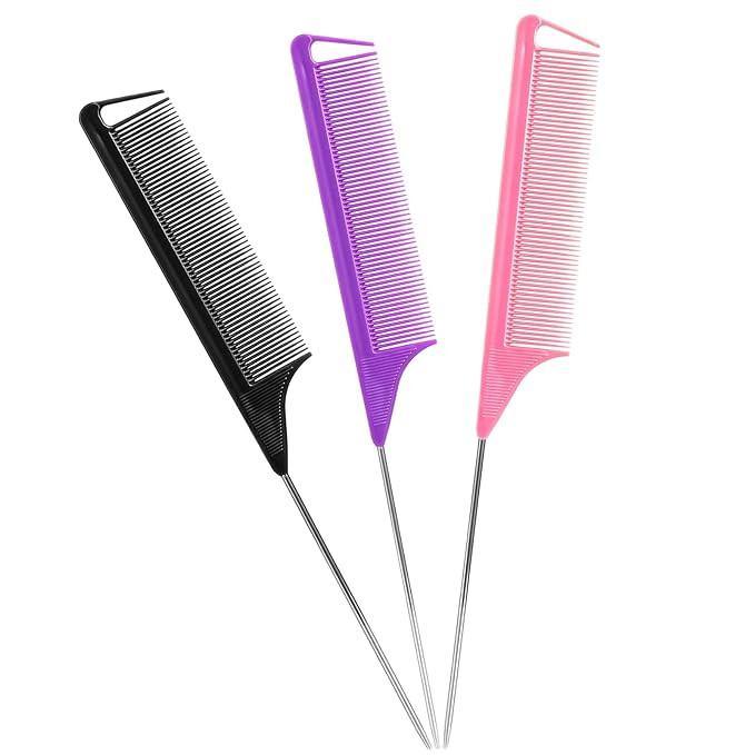 Rat Tail Combs Set: 3Pcs Long Steel Pin Teasing Combs for Salon Hair Stylists, Metal Parting Comb... | Amazon (US)