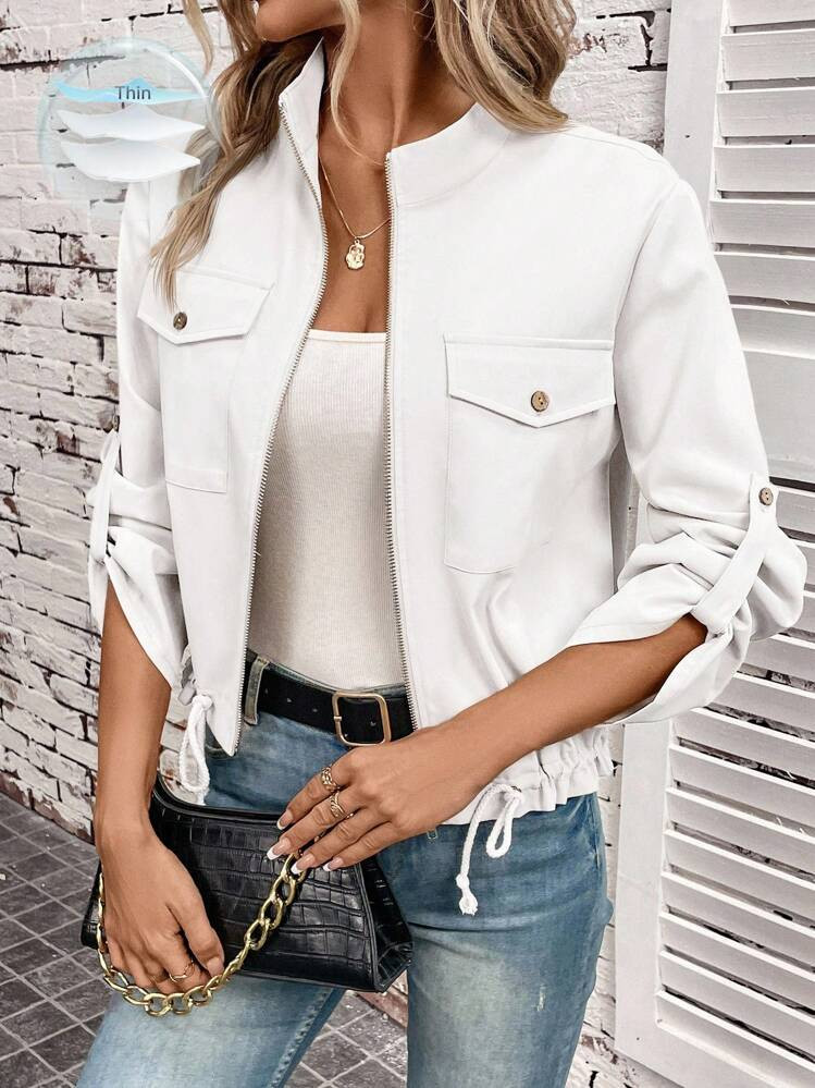 Easowa Women's Solid Color Cuffed Sleeve Zip Front Casual Short Jacket In Autumn Everyday Work Everyday Travel Day Time White | SHEIN