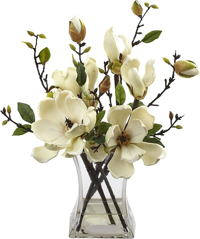 Nearly Natural 4534-WH Magnolia Arrangement with Vase,White | Amazon (US)