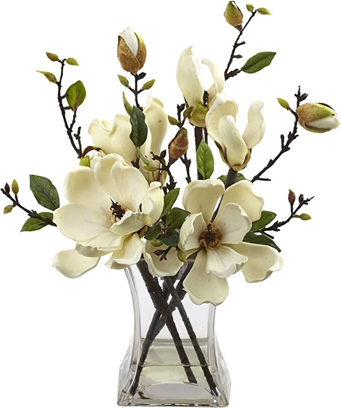 Nearly Natural 4534-WH Magnolia Arrangement with Vase,White | Amazon (US)