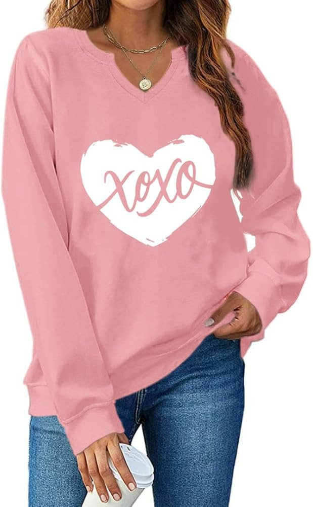 Ymoshoe Women V-Neck Valentine Sweatshirt Love Heart Elbow Patch Shirts Gift for Her | Amazon (US)