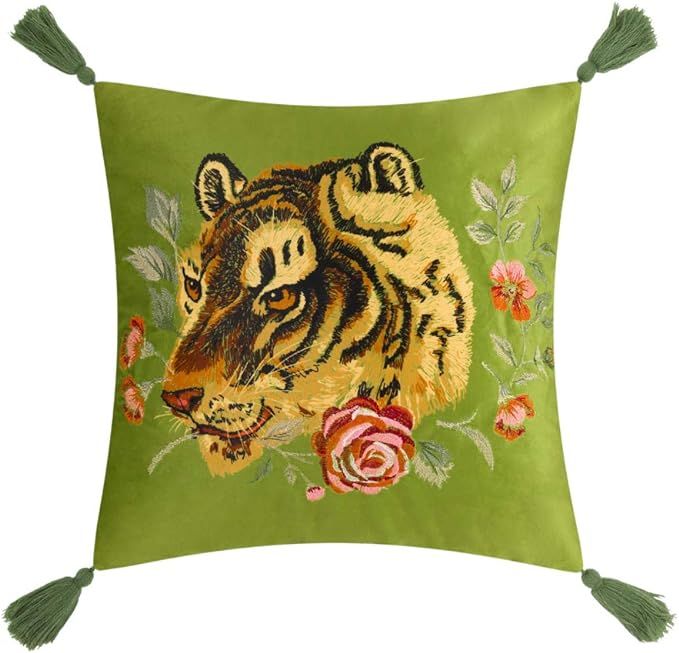 JWH Tiger Velvet Throw Pillow Cover Decorative Flower Emboidered Accent Pillow Case Printed Cushi... | Amazon (US)