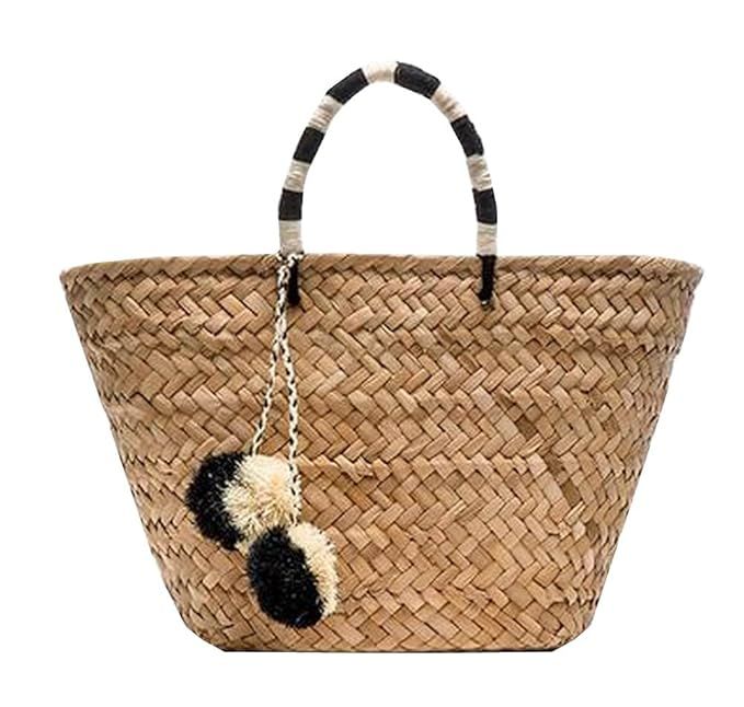 Straw Bag Handmade Beach Handbag Summer Bag Lightweight With Balls | Amazon (US)