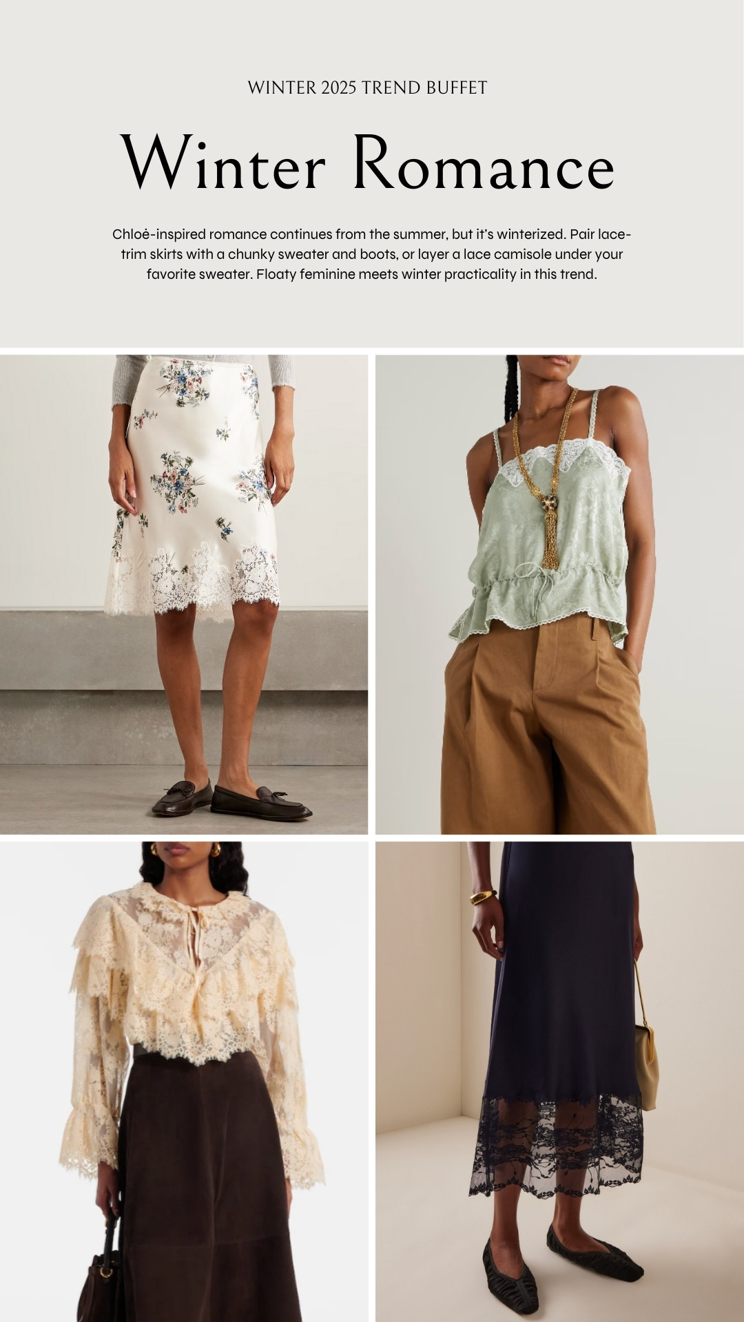 Winter 2025 Trend Buffet ❄️ Winter romance featuring lace-trim styles, feminine fabrics with Winter 2025 Trend Buffet ❄️ Winter romance featuring lace-trim styles, feminine fabrics with wearable styling: layered under sweaters, paired back to tall boots, and more.wearable styling: layered under sweaters, paired back to tall boots, and more. 

 #LTKSeasonal