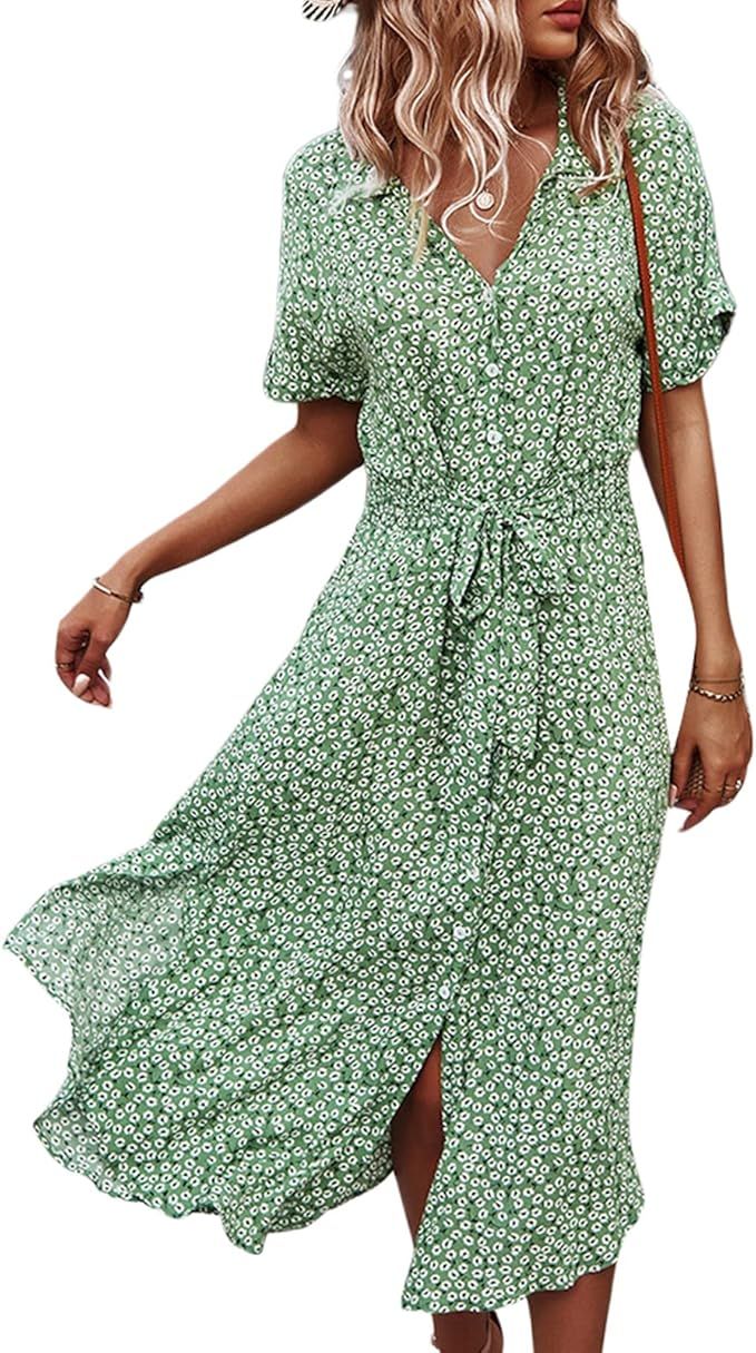 Women Floral Print T Shirt Dress Short Sleeve V Neck Summer Sun Dresses Casual Midi Maxi Dress wi... | Amazon (UK)