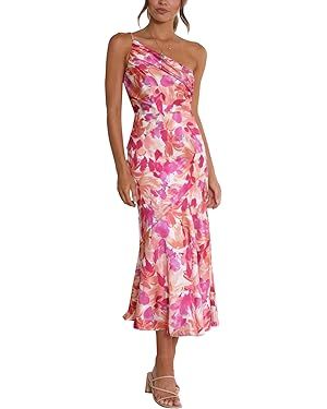 Vrtige Women's Satin Floral Print One Shoulder Ruched Sleeveless Mermaid Hem Midi Dress | Amazon (US)
