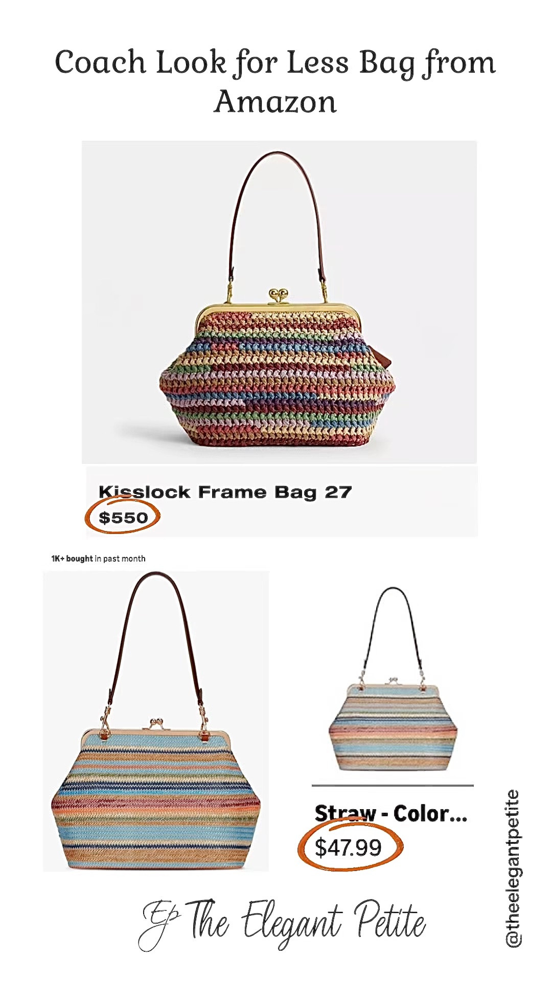 COACH Look for Less Bag from Amazon 
Follow me for more inspiration. Affordable fashion items with a touch of luxury.  
The  Kisslock Frame Bag 27 is based on the "Cashin Carry" from 1969, an archival style designed by Coach's first lead designer, Bonnie Cashin. Reimagined as the perfect midsized carryall, it’s crafted of multicolored lightweight straw woven with a beautiful textural feel. Finished with our iconic kisslock closure inspired by vintage coin purses, it features an inside zip pocket to organize essentials and a detachable shoulder strap. #elegantstyle #styleinspo
#designerinspired
#designeramazonfashion
#coachlookforlessbag

#LTKootd #LTKPetite