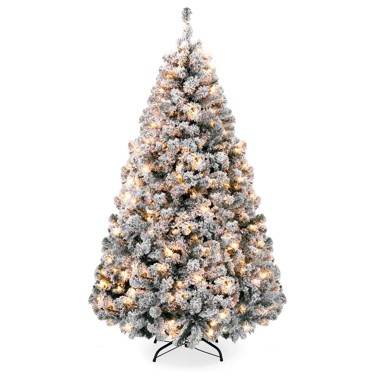 Pre-Lit Snow Flocked Artificial Pine Christmas Tree w/ Warm White Lights | Best Choice Products 