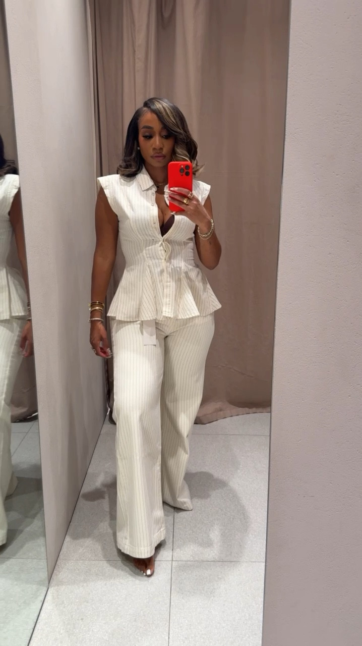 spring outfits 2026! White pinstripe peplum sleeveless top and flare leg points!

#LTKMidsize #LTKootd