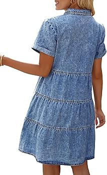 LookbookStore Women's Short Sleeve Button Down Flowy Tiered Babydoll Denim Dress | Amazon (US)