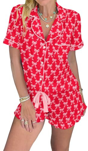 KevaMolly Womens Valentines Pajama Set Red White Bowknot Printed Short Sleeve and Ruffled Shorts Valentines Lounge Set M | Amazon (US)