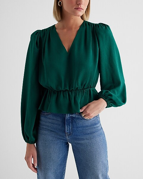 Long Sleeve V-neck Peplum Top | Express