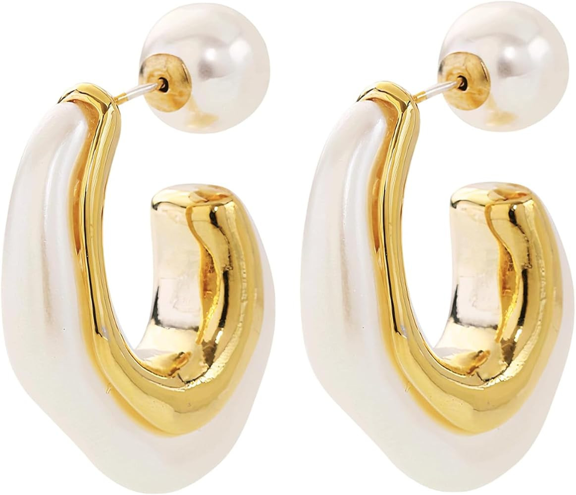 Acrylic Hoop Earrings Geometric Resin Minimalist Statement Clear Gold Chunky Pearl Hoops Earrings... | Amazon (US)