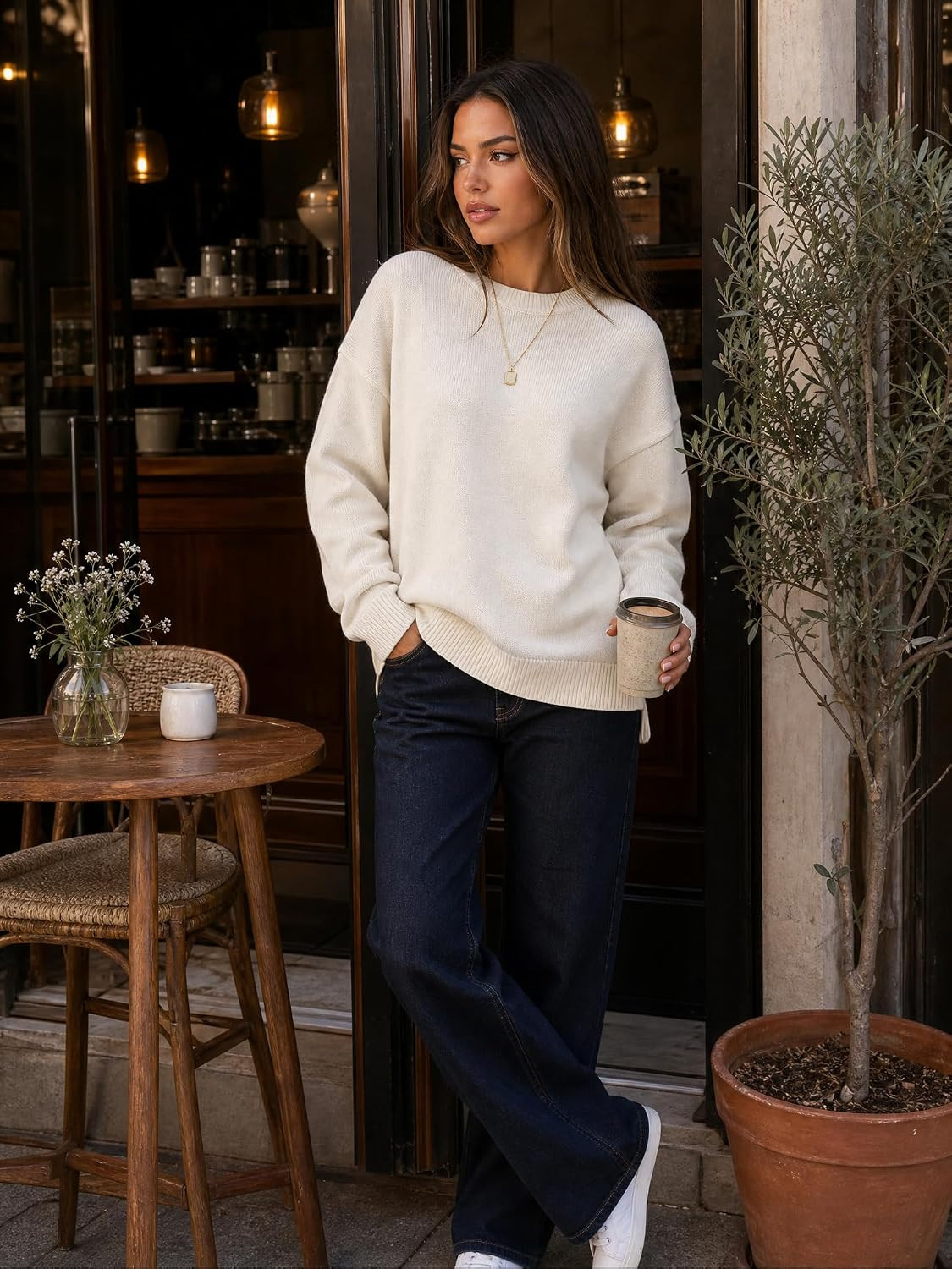 Micoson Women Oversized Crewneck Sweater Lantern Sleeve Pullover Knit Tops | Amazon (US)