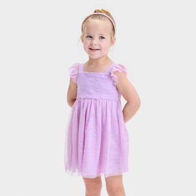Toddler Girls' Embroidered Tulle Dress - Cat & Jack™ Lilac Purple 4T: Sleeveless A-Line, Back Bow, Mesh Fabric | Target