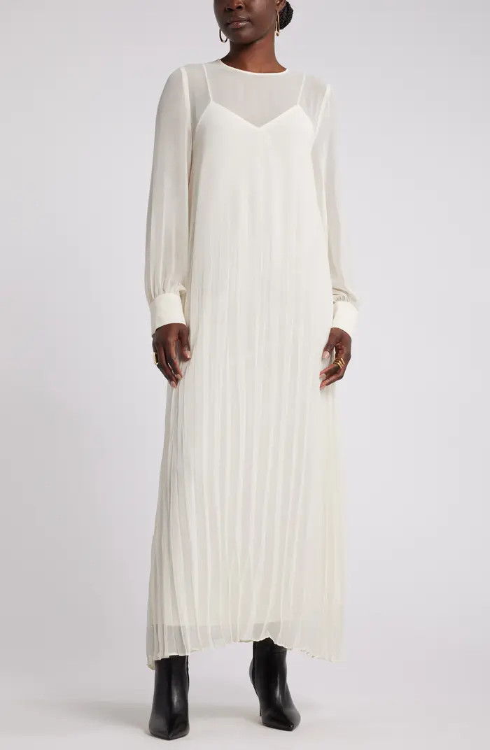 Nordstrom Pleated Long Sleeve Layered Chiffon Dress | Nordstrom | Nordstrom