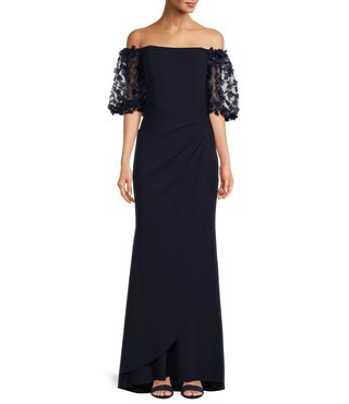 3D Flower Applique Off-the-Shoulder Short Puff Sleeve Scuba Crepe Mermaid Gown | Dillard's