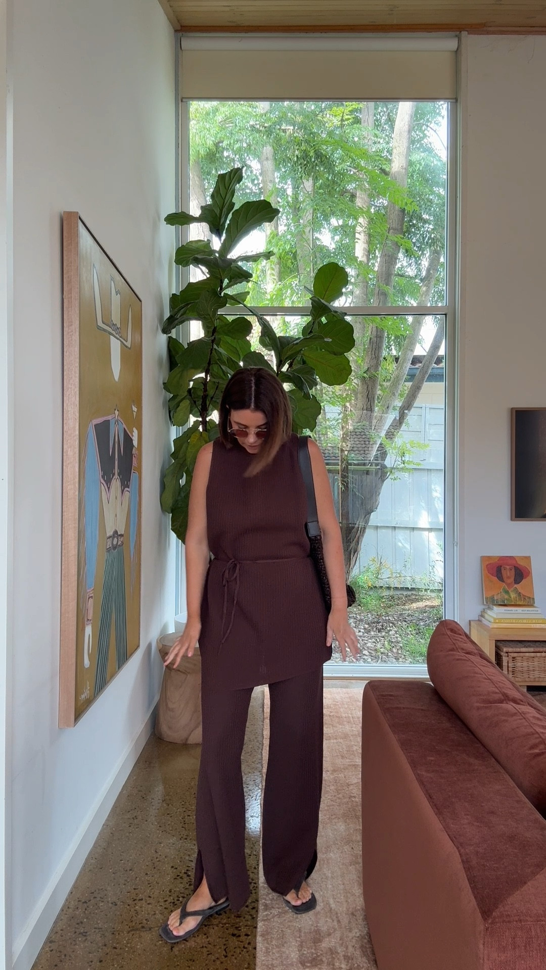 Wearing XL in top and M in pants. Brown set, crochet set, matching set, longline top. 