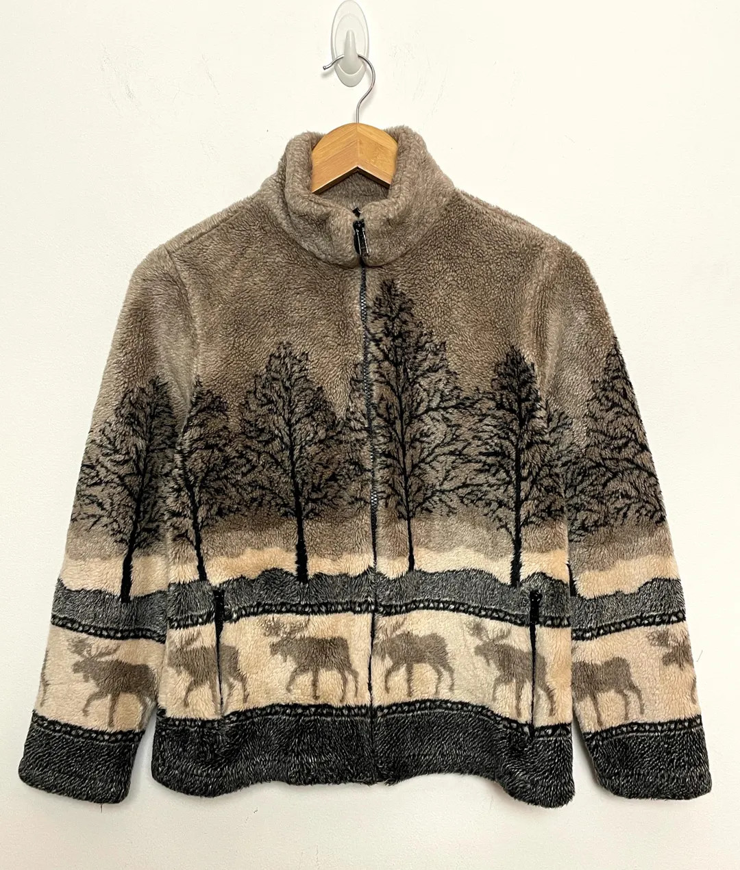 Vintage 1990s Black Diamond Made in USA Moose Forest Graphic Zip up Women’s Fleece Jacket (size... | Etsy (US)