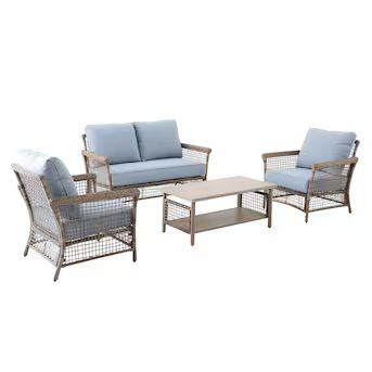 allen + roth Ivy Meadows 4-Piece Wicker Patio Conversation Set with Blue Cushions | Lowe's