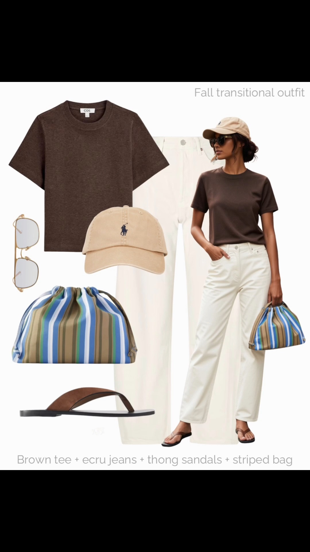 Neutrals & stripes 🤎

Tags: summer to fall transitional outfit, barrel leg jeans, agolde off-white denim, striped pouch bag, leather flip flop sandals, aviator sunglasses, chocolate brown t-shirt, polo Ralph Lauren baseball cap, outfit formulas

#LTKfall #LTKsummer #LTKjeans
