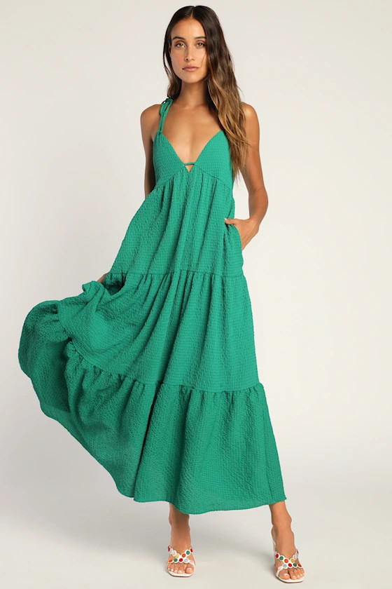 Let the Sun Beam Green Tie-Strap Tiered Midi Dress With Pockets | Lulus (US)