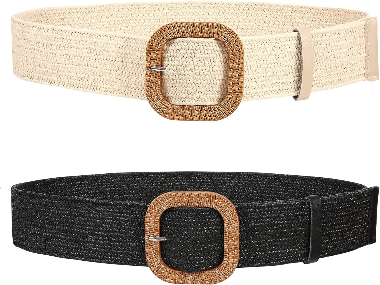 JASGOOD Straw Woven Elastic Stretch Belts Women, Wide Boho Braided Dress Belts with Wooden Style ... | Amazon (US)