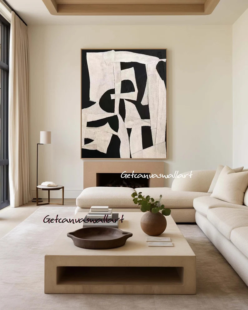 Beige Wabi Sabi Wall Art Black Beige Abstract Painting Black Minimalist Canvas Art Large Neutral ... | Etsy (US)