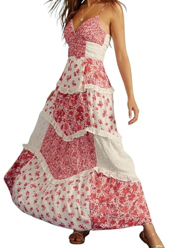 ebossy Womens Lace Patchwork Floral Maxi Dress Spaghetti Strap Sexy Backless Ruffle Tiered Boho B... | Amazon (US)