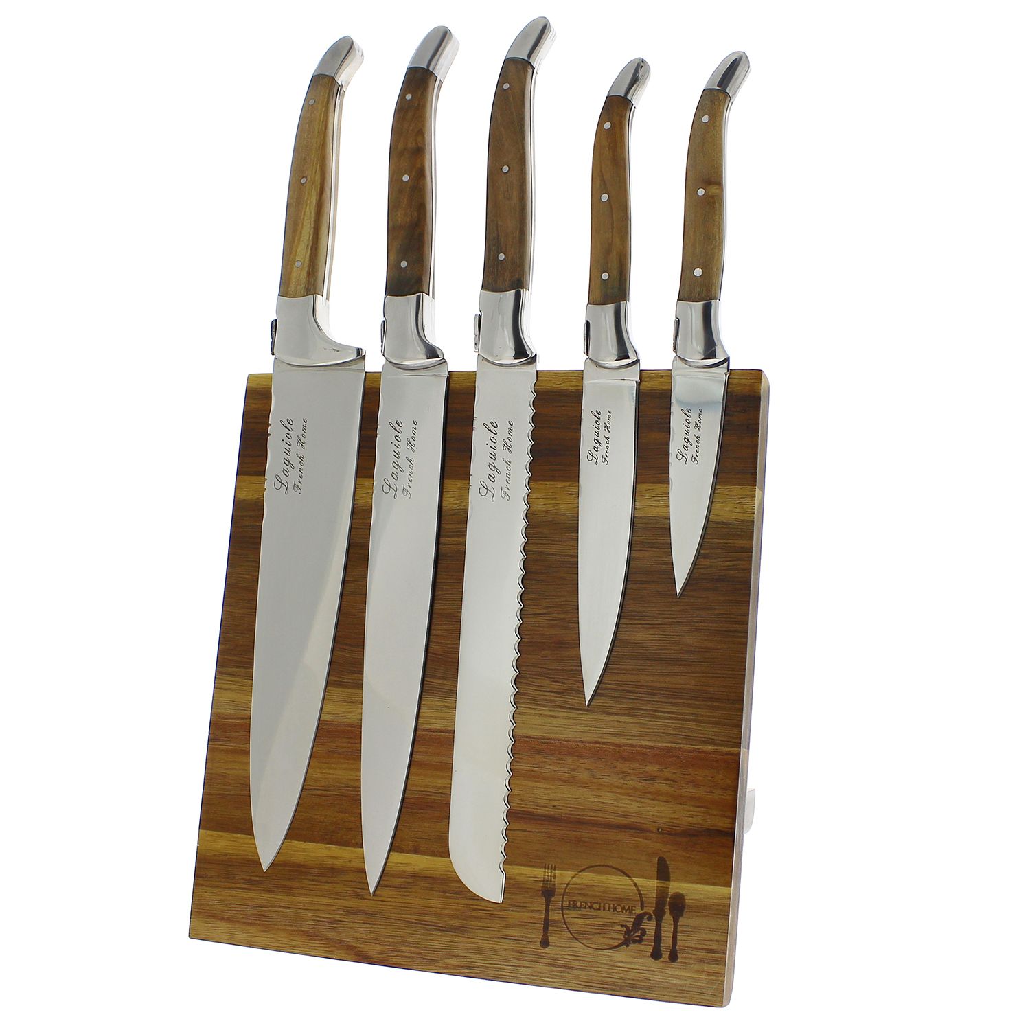 French Home 5-Piece Laguiole Connoisseur Olivewood Kitchen Knife Set with Magnetic Display | Sur La Table
