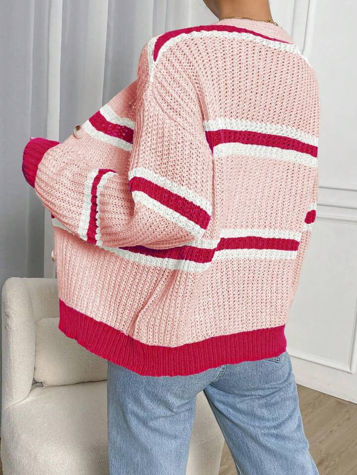 SHEIN MOOSTA Women Casual Contrast Color Striped Drop Shoulder Loose Button Front Cardigan | SHEIN