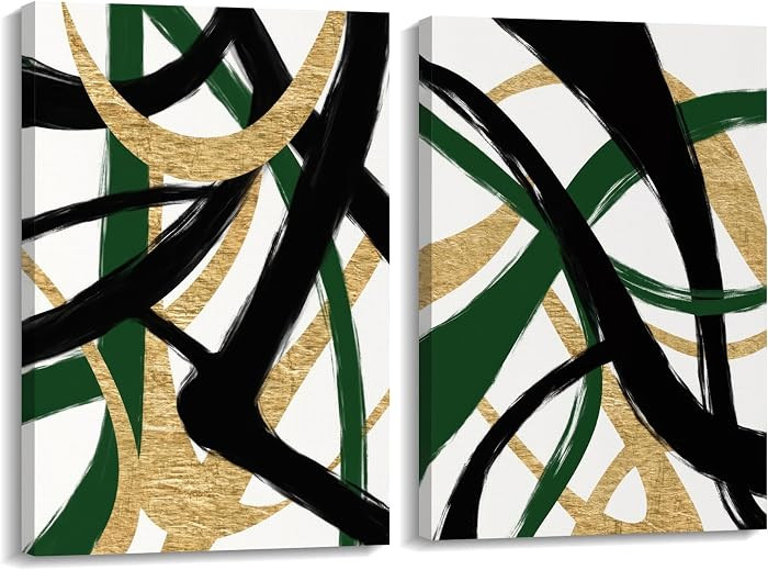 VisionaryBrush Black Gold and Green Wall Art, Abstract Stripes Canvas Poster Print, Modern Simple... | Amazon (US)