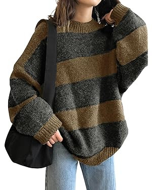 EMMIOL Women's Oversized Striped Sweaters 2025 Fall Trendy Long Sleeve Knit Outfits Crewneck Fash... | Amazon (US)