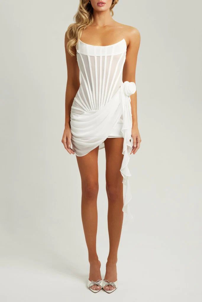 White chiffon mesh corset flower drape mini dress | Heiress Beverly Hills
