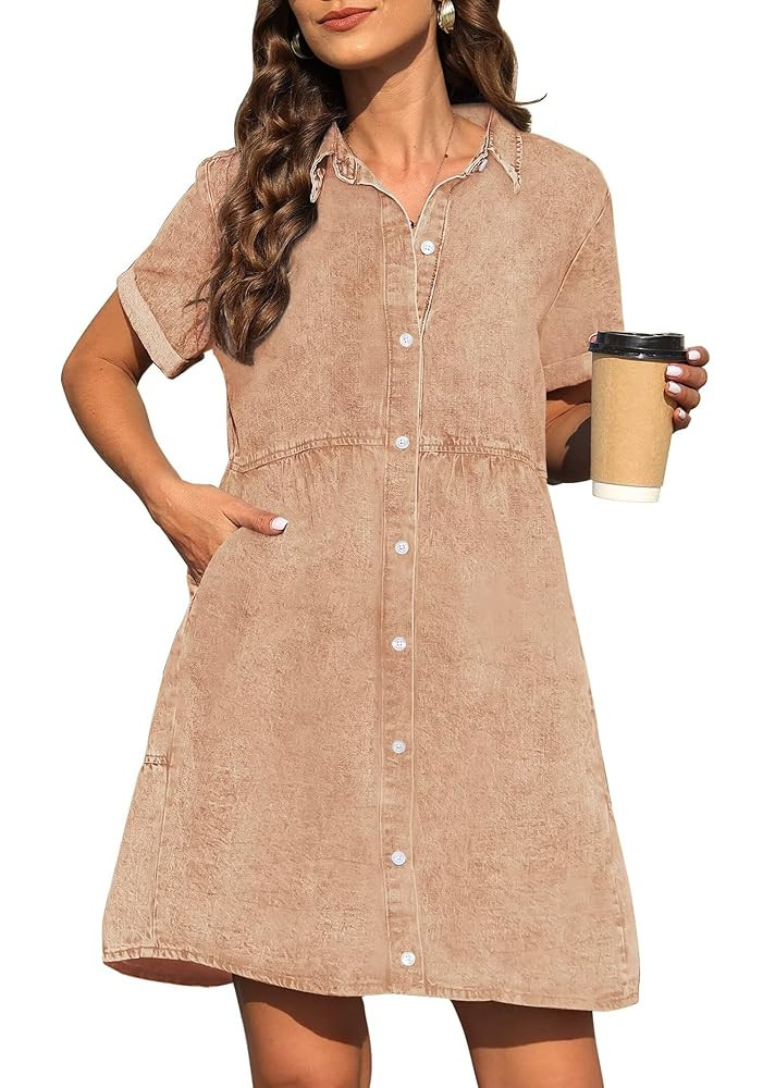KDF Denim Dress for Women with Pockets Short Sleeve Babydoll Denim Shirt Dresses for Women 2025 | Amazon (US)