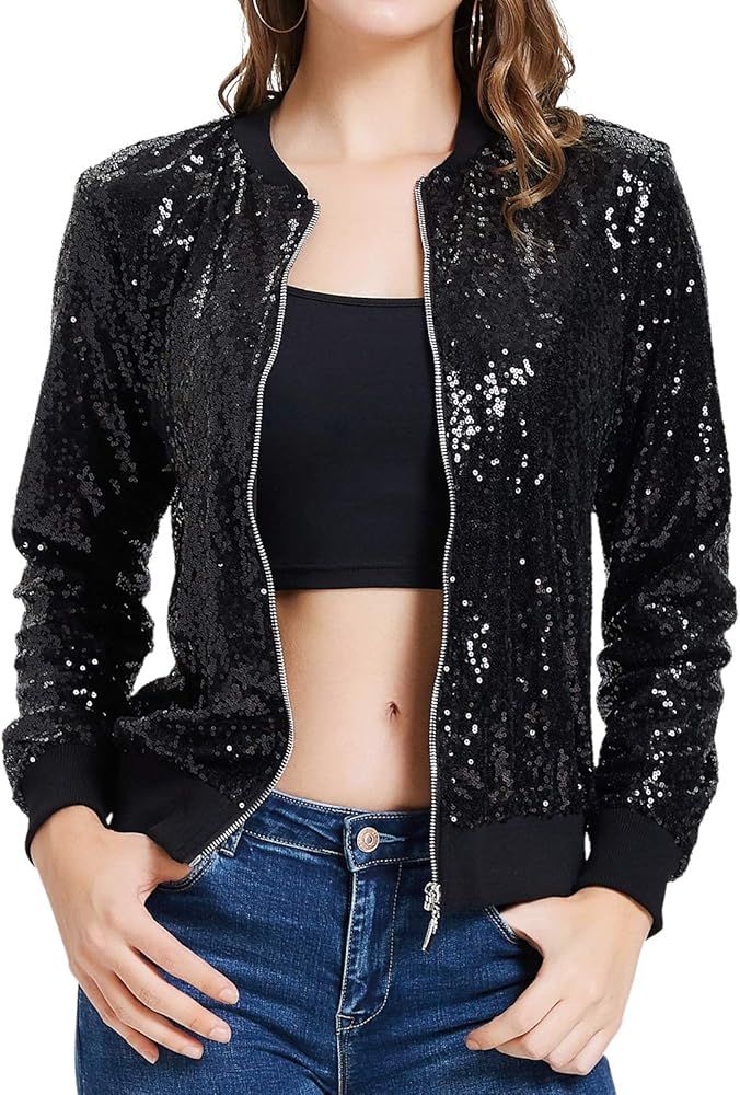 KANCY KOLE Womens Sequin Jacket Casual Long Sleeve Front Zip Party Bomber Blazer with Pockets S-2... | Amazon (US)