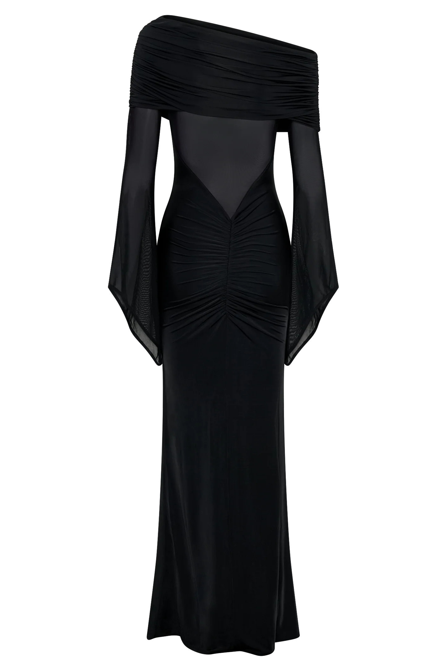 One Shoulder Slinky And Mesh Maxi Dress - Black | MESHKI US