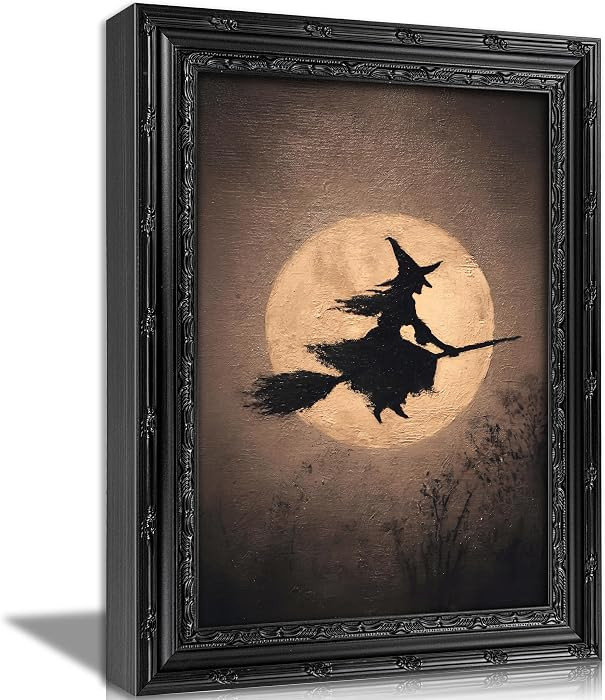 Framed Vintage Witch Silhouette Canvas Wall Art, Witch Riding Broom Against Full Moon Moody Paint... | Amazon (US)