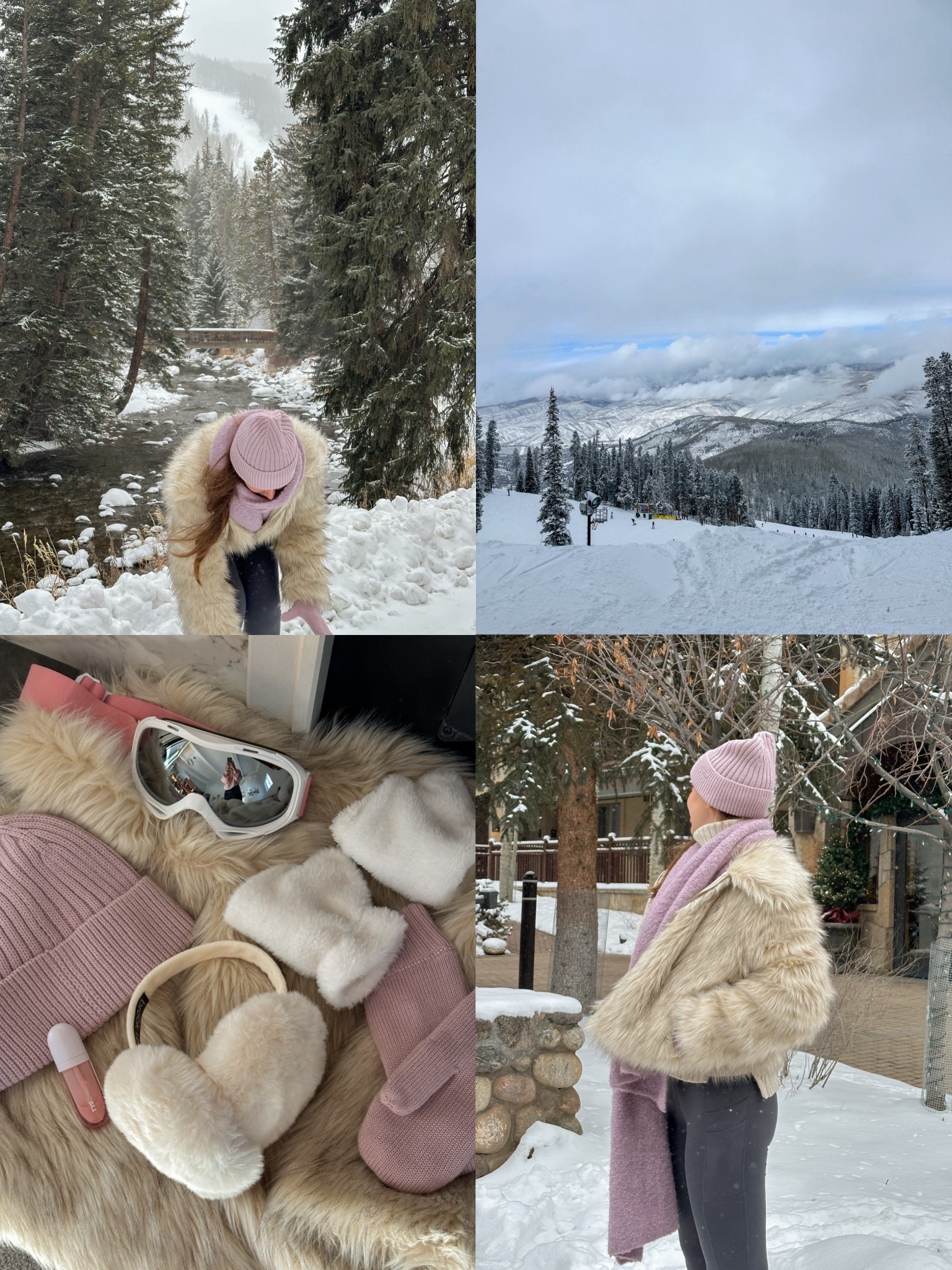 winter camera roll ☃️🎀❄️🤍 outfit deets below

love a pastel and faux fur winter outfit moment while exploring vail, colorado 🤍

OUTFIT DEETS:
• jacket: steve madden via amazon (also on revolve)  - got size Medium so I could layer sweaters underneath - fits true to size 
• beanie knit hat + mittens:  aritzia (on sale!) 
• fleece-lined leggings: amazon - size Small, fits tts 
• lilac chunky knit scarf: old from glassons 
• lip gloss: tys beauty via IPSY 
• pink ski goggles: amazon 
• fingerless mittens: amazon 
• white fuzzy earmuffs: amazon 

#winterfit #girlyaesthetic #pinkaesthetic #girlythings #outfitinspo winter aesthetic outfit ideas, pink pinterest vibes, ski winter vacation outfits 

#LTKootd #LTKSeasonal #LTKTravel