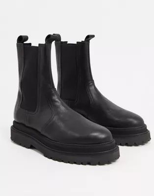 ASOS DESIGN high chelsea calf boots on stacked sole in black high shine leather | ASOS | ASOS (Global)