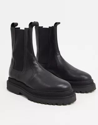 ASOS DESIGN high chelsea calf boots on stacked sole in black high shine leather | ASOS (Global)